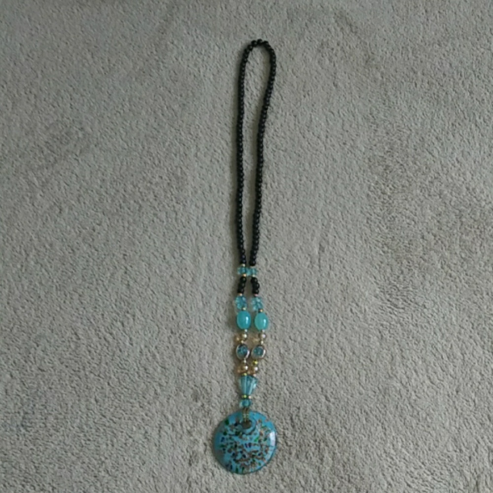 Turquoise Blue Necklace, Black Beads, With Gold Ac